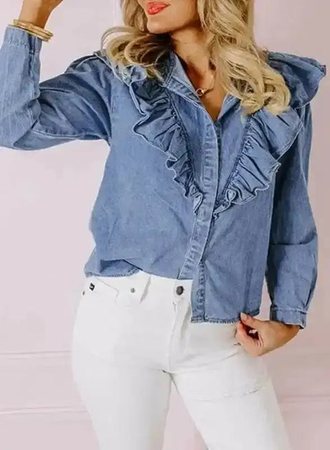 Dusk blue ruffled denim shirt front view — Fashionfitz UK