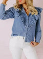 Dusk Blue Ruffled Denim Shirt Women UK — front view showing cotton denim fabric, delicate ruffles and V-neckline — Fashionfitz