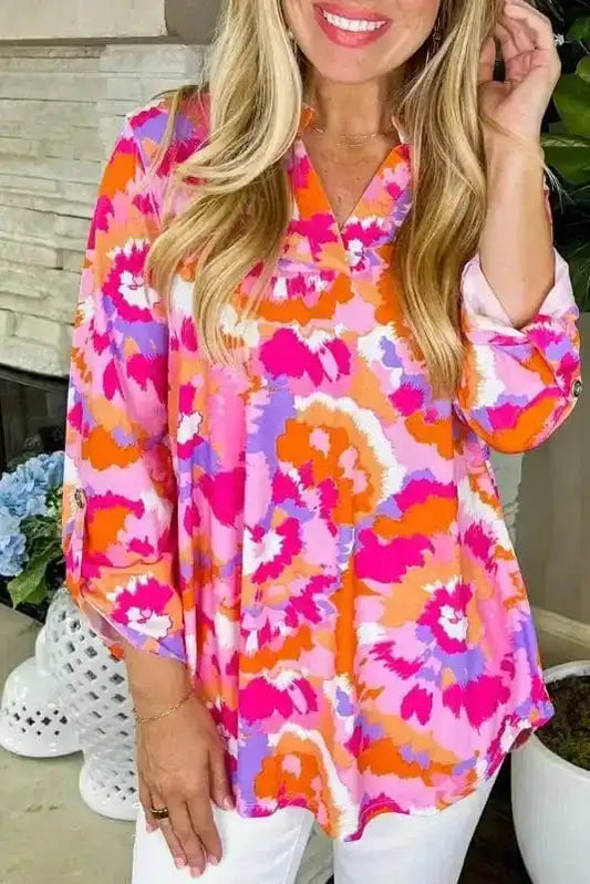 Tops/Blouses & Shirts Pink / S / 100%Polyester Mosaic Muse Tab Sleeve Blouse