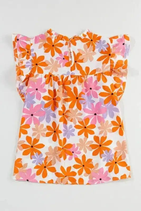 Back flat lay of Orange Smocked Floral Top showing floral pattern and ruffle sleeve detail. Lightweight polyester blouse for summer.