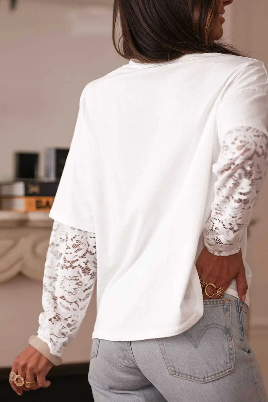 Back view of White Romantic Lace Long Sleeve Top showing long sleeve silhouette and lace patchwork — Fashionfitz