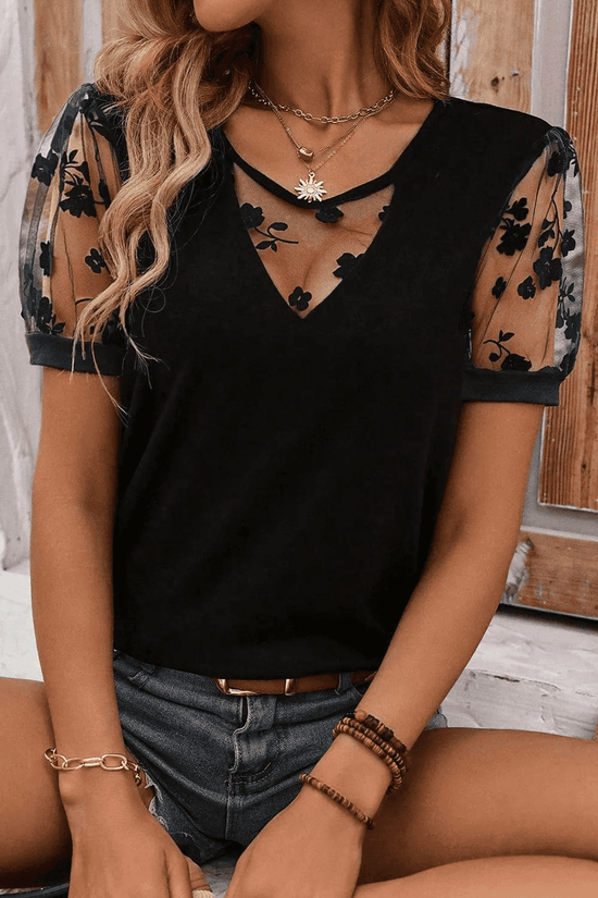 Tops & Tees Black / S / 65%Polyester+30%Viscose+5%Elastane Dark Elegance Lace Tee
