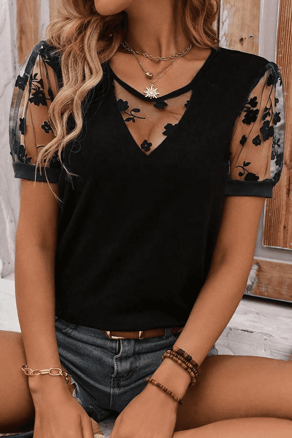 Tops & Tees Black / S / 65%Polyester+30%Viscose+5%Elastane Dark Elegance Lace Tee