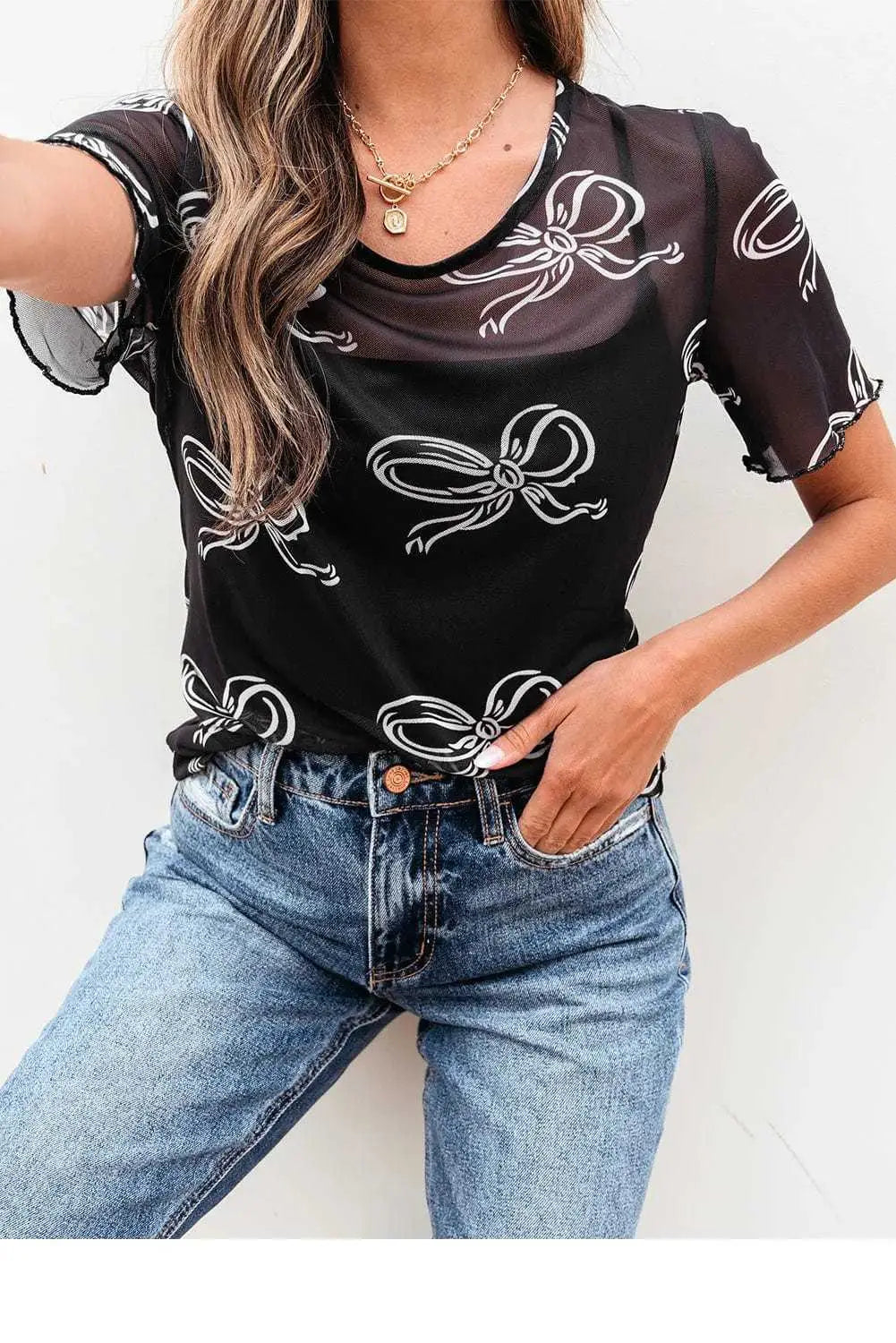 Tops & Tees Midnight Bow Mesh Tee