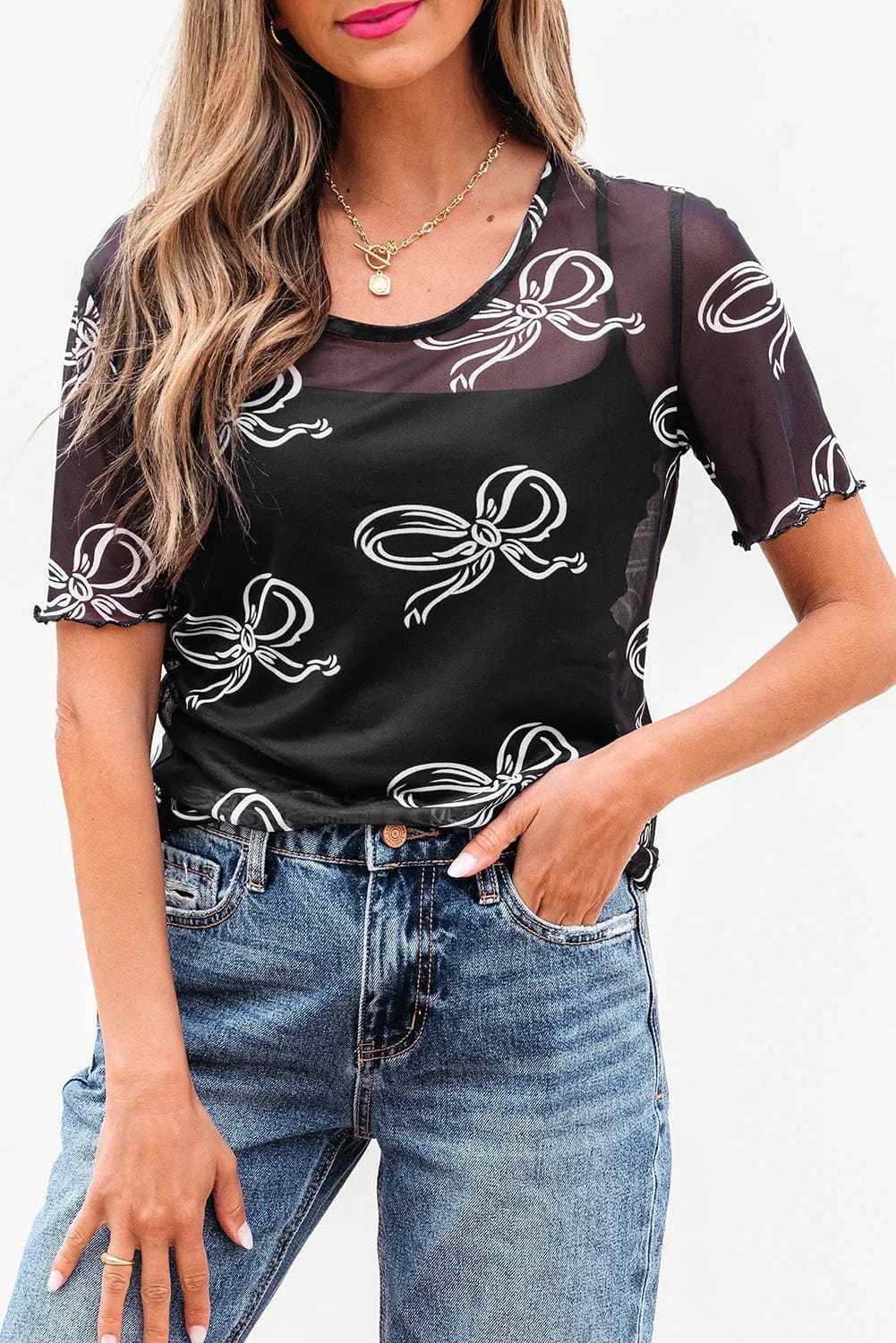 Tops & Tees Midnight Bow Mesh Tee
