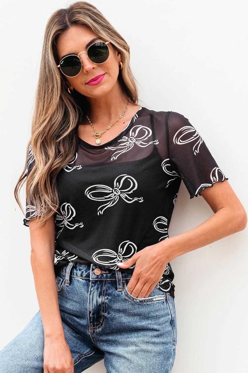 Tops & Tees Midnight Bow Mesh Tee