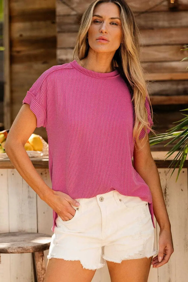 Back view of Grey Exposed Stitching Knit T-Shirt showing short sleeve silhouette and knit construction — Fashionfitz
