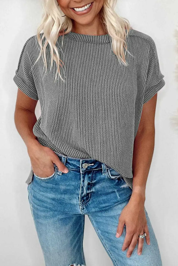 Grey exposed stitching knit short sleeve T-shirt front view — Fashionfitz UK