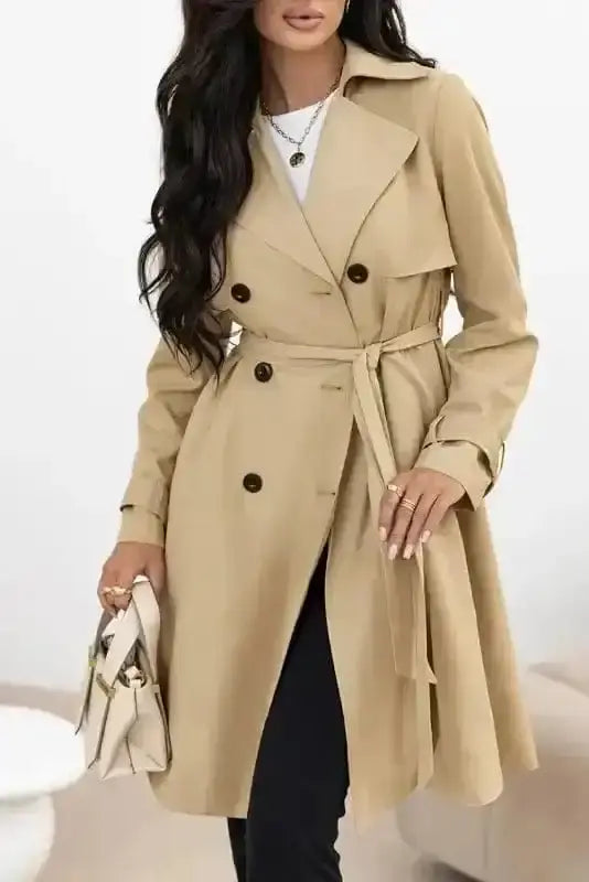Pale khaki modern lapel wind coat front view — Fashionfitz UK
