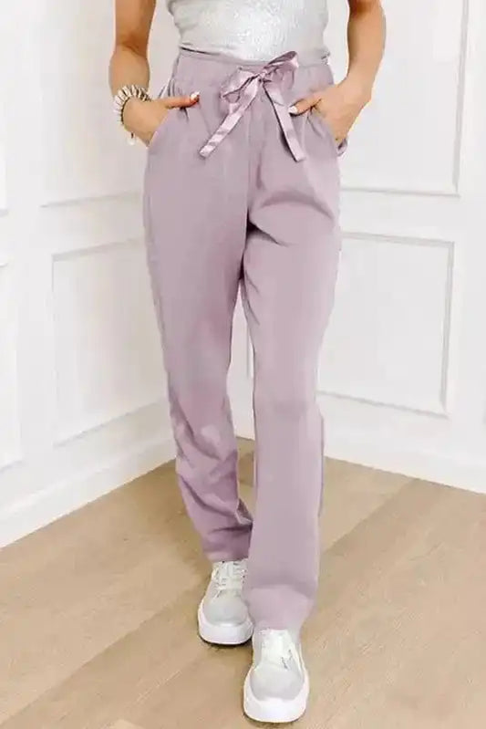 Trousers Orchid Petal / S / 50%Polyester+45%Viscose+5%Elastane Satin-Stripe Drawstring High-Waist Pants