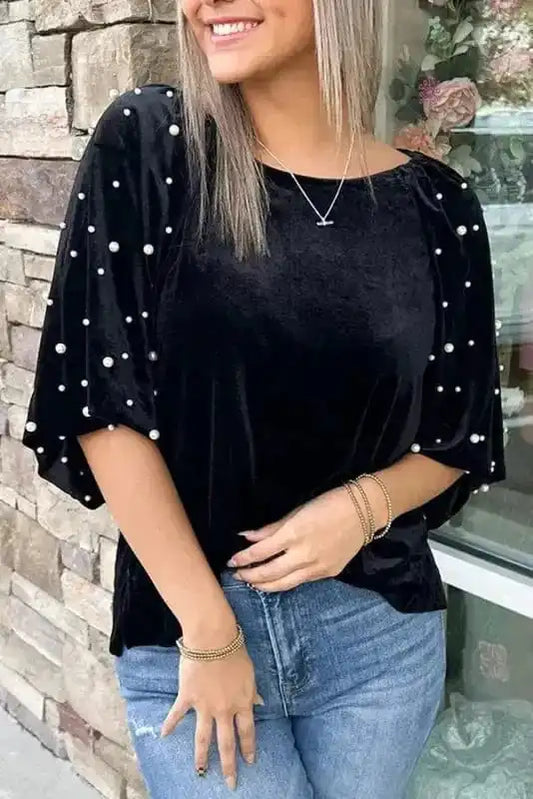Tunic Tops Black / S / 95%Polyester+5%Elastane Onyx Bead Velvet Tunic Top