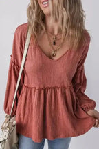 Tunic Tops Mineral Red / S / 85%Polyester+10%Cotton+5%Elastane Textured Grace Puff Sleeve Tunic Top