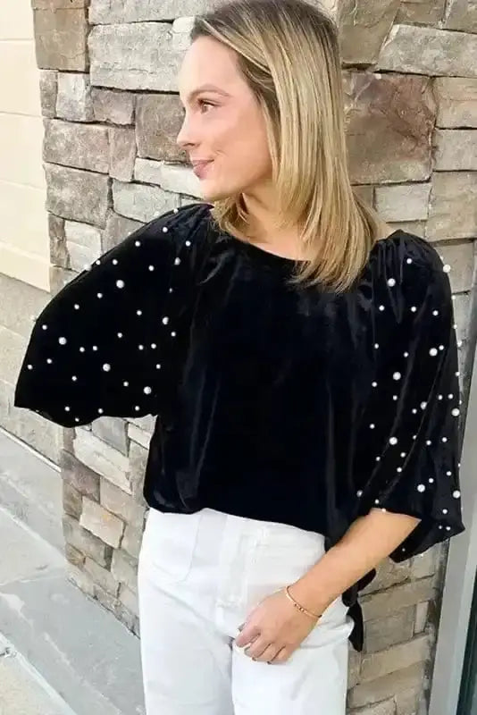 Close-up of Black Beaded Velvet Tunic Top showing delicate pearl bead embellishment on rich black velvet — Fashionfitz
