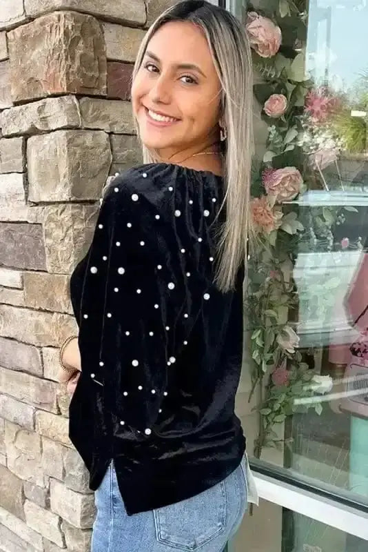 Side view of Black Beaded Velvet Tunic Top showing pearl bead scatter and elegant velvet drape — Fashionfitz