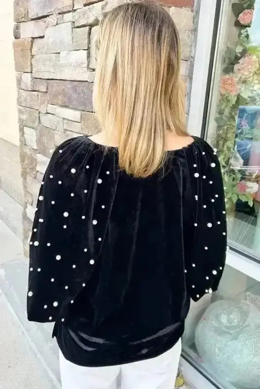 Back view of Black Beaded Velvet Tunic Top showing tunic length and long stretch-velvet silhouette — Fashionfitz