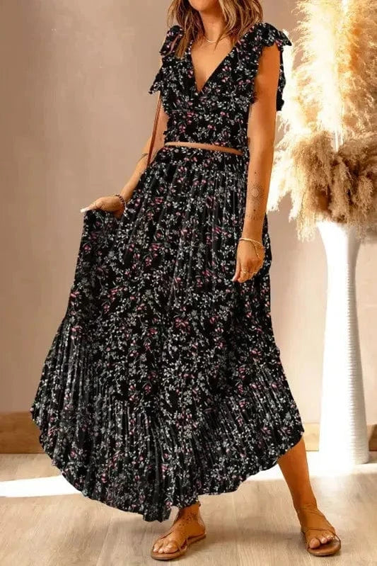 Two Piece Dresses Black-2 / S / 100%Polyester Floral Fantasy Co-Ord - Crop Top & Maxi Skirt Set
