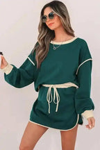 Two Piece Dresses Evergreen Contrast Pullover and Skort Set