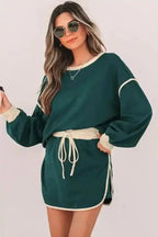 Two Piece Dresses Evergreen Contrast Pullover and Skort Set