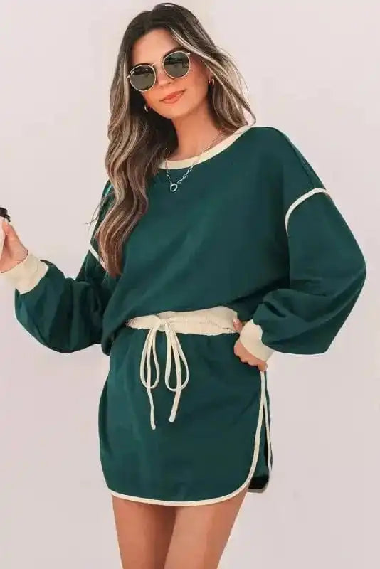 Two Piece Dresses Evergreen Contrast Pullover and Skort Set