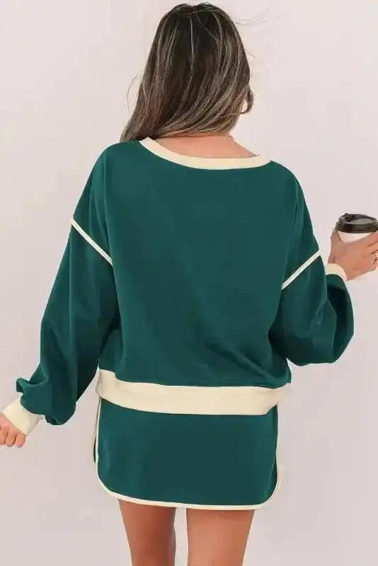 Two Piece Dresses Evergreen Contrast Pullover and Skort Set