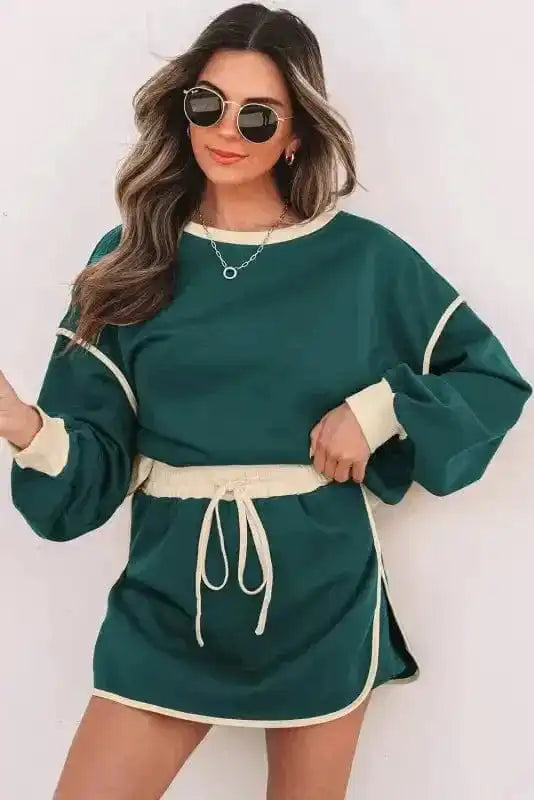 Two Piece Dresses Evergreen Contrast Pullover and Skort Set