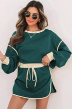 Two Piece Dresses Evergreen Contrast Pullover and Skort Set