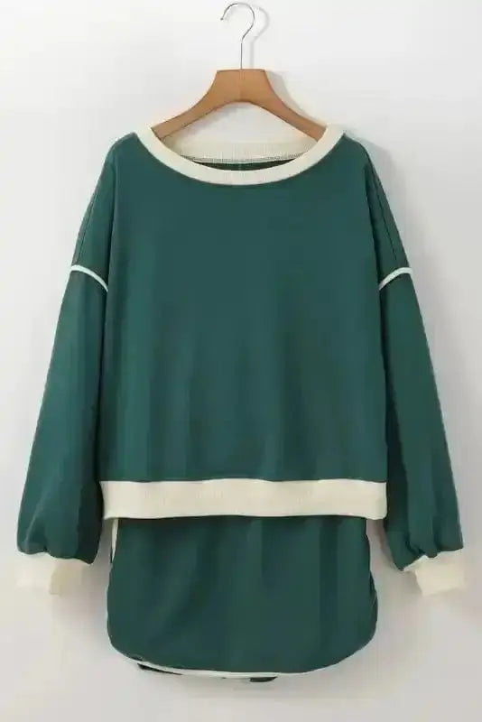 Two Piece Dresses Evergreen Contrast Pullover and Skort Set