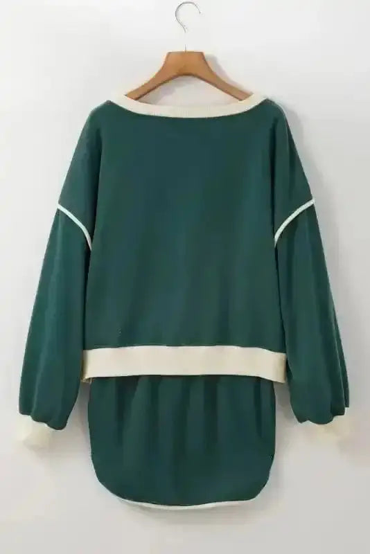 Two Piece Dresses Evergreen Contrast Pullover and Skort Set