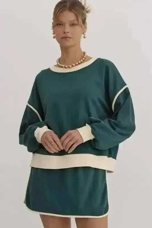 Two Piece Dresses Evergreen Contrast Pullover and Skort Set