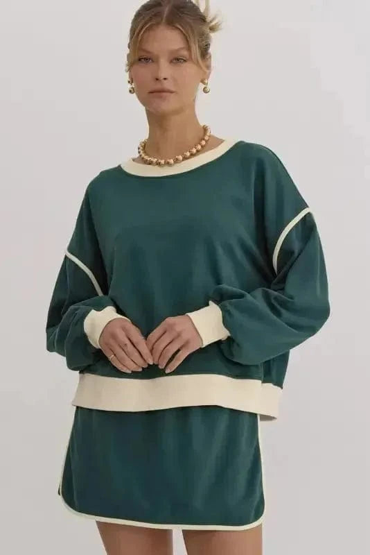 Two Piece Dresses Evergreen Contrast Pullover and Skort Set