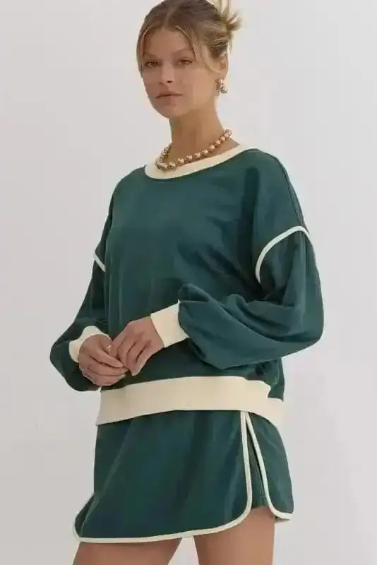 Two Piece Dresses Evergreen Contrast Pullover and Skort Set