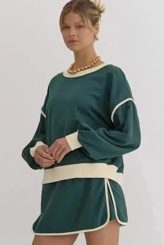 Two Piece Dresses Evergreen Contrast Pullover and Skort Set