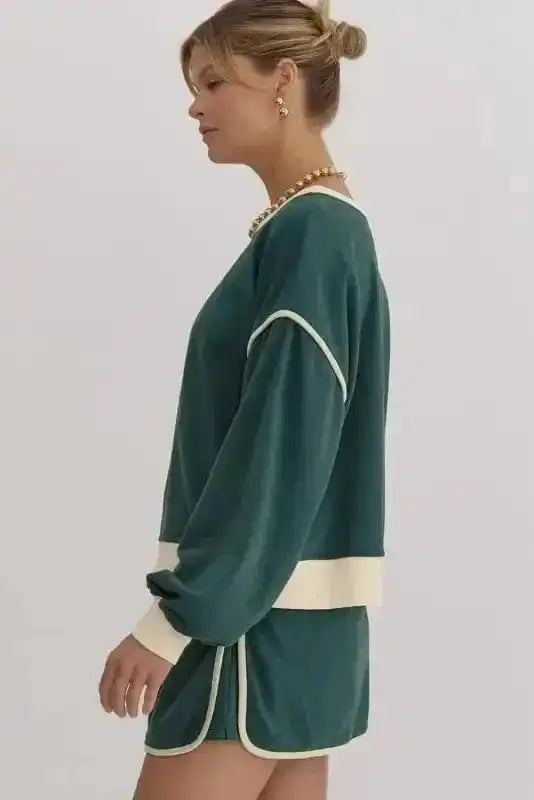 Two Piece Dresses Evergreen Contrast Pullover and Skort Set