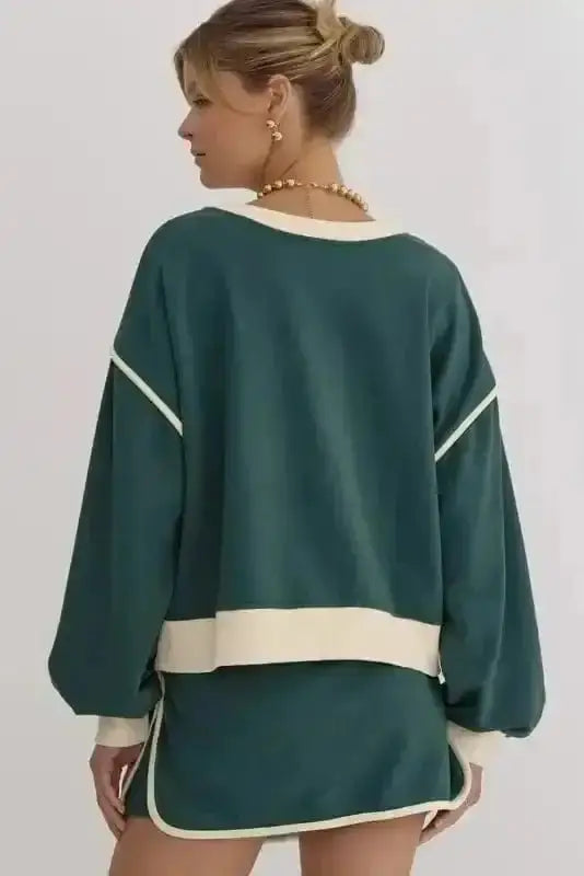 Two Piece Dresses Evergreen Contrast Pullover and Skort Set