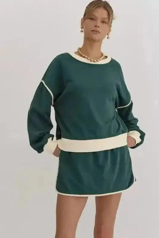 Two Piece Dresses Evergreen Contrast Pullover and Skort Set