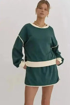 Two Piece Dresses Evergreen Contrast Pullover and Skort Set