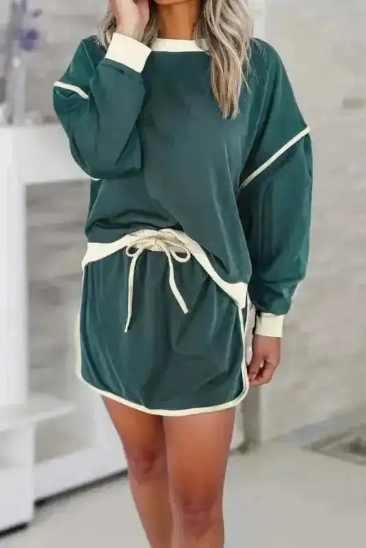 Two Piece Dresses Evergreen Contrast Pullover and Skort Set