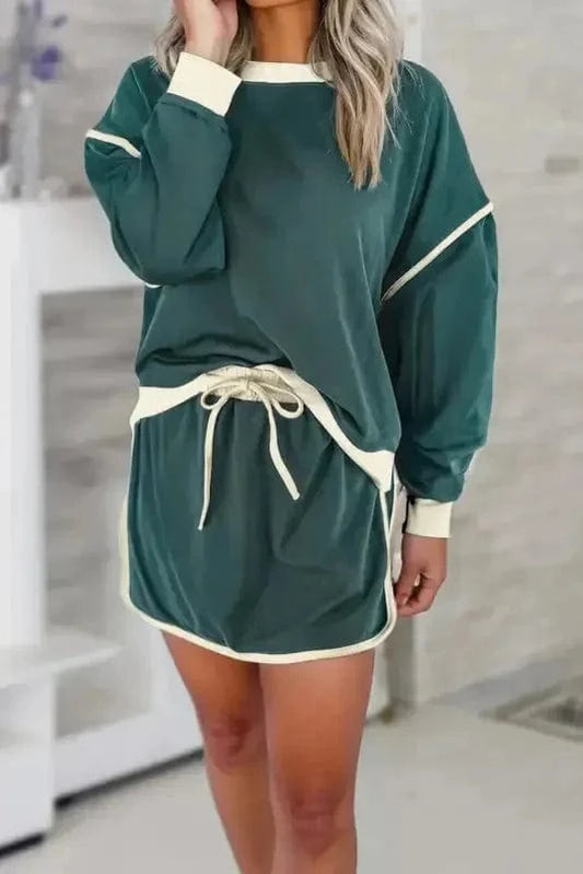 Two Piece Dresses Evergreen Contrast Pullover and Skort Set