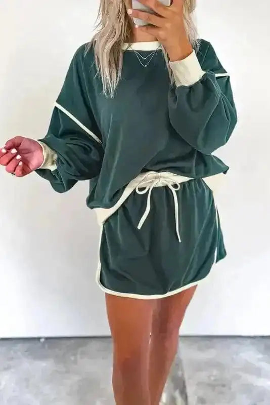 Two Piece Dresses Evergreen Contrast Pullover and Skort Set