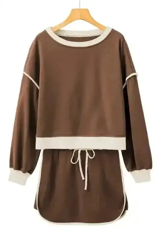 Two Piece Dresses Mocha Contrast Pullover and Skort Set