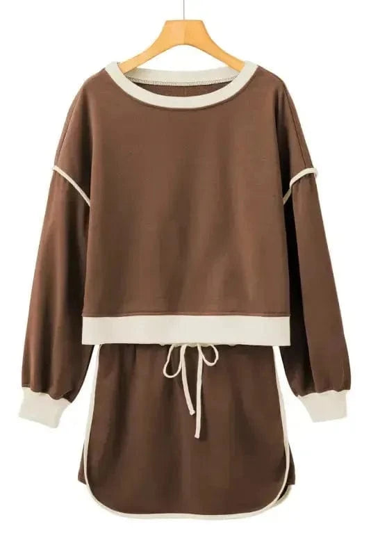 Two Piece Dresses Mocha Contrast Pullover and Skort Set
