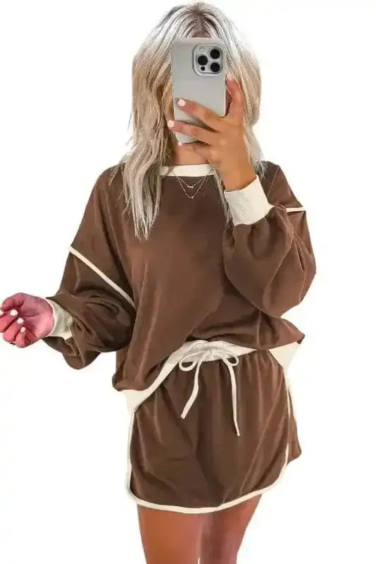 Two Piece Dresses Mocha Contrast Pullover and Skort Set
