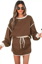 Two Piece Dresses Mocha Contrast Pullover and Skort Set