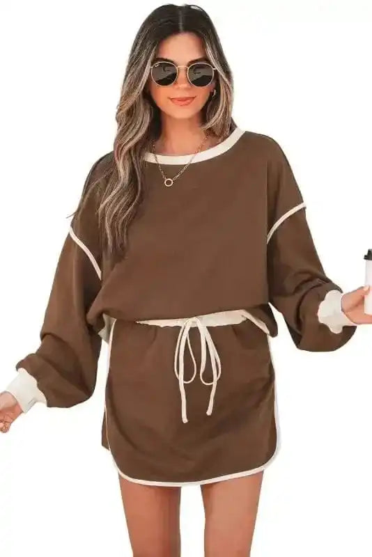 Two Piece Dresses Mocha Contrast Pullover and Skort Set