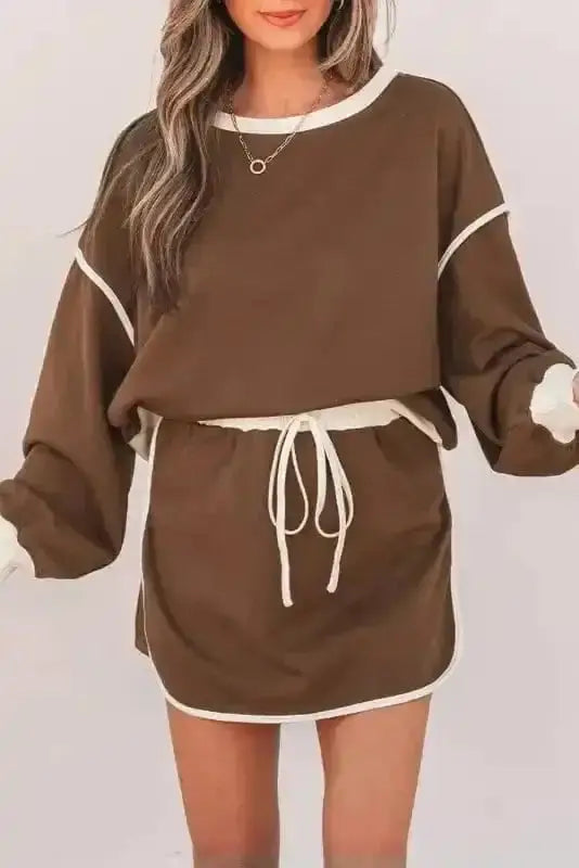 Two Piece Dresses Mocha Contrast Pullover and Skort Set