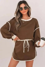 Two Piece Dresses Mocha Contrast Pullover and Skort Set
