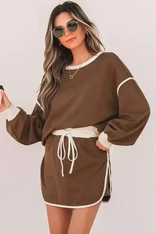 Two Piece Dresses Mocha Contrast Pullover and Skort Set