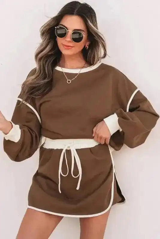 Two Piece Dresses Mocha Contrast Pullover and Skort Set