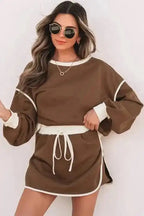 Two Piece Dresses Mocha Contrast Pullover and Skort Set