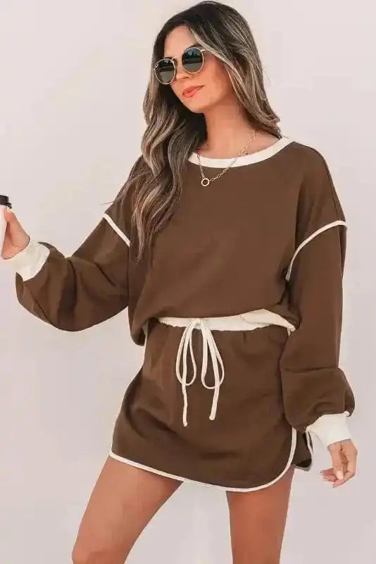 Two Piece Dresses Mocha Contrast Pullover and Skort Set